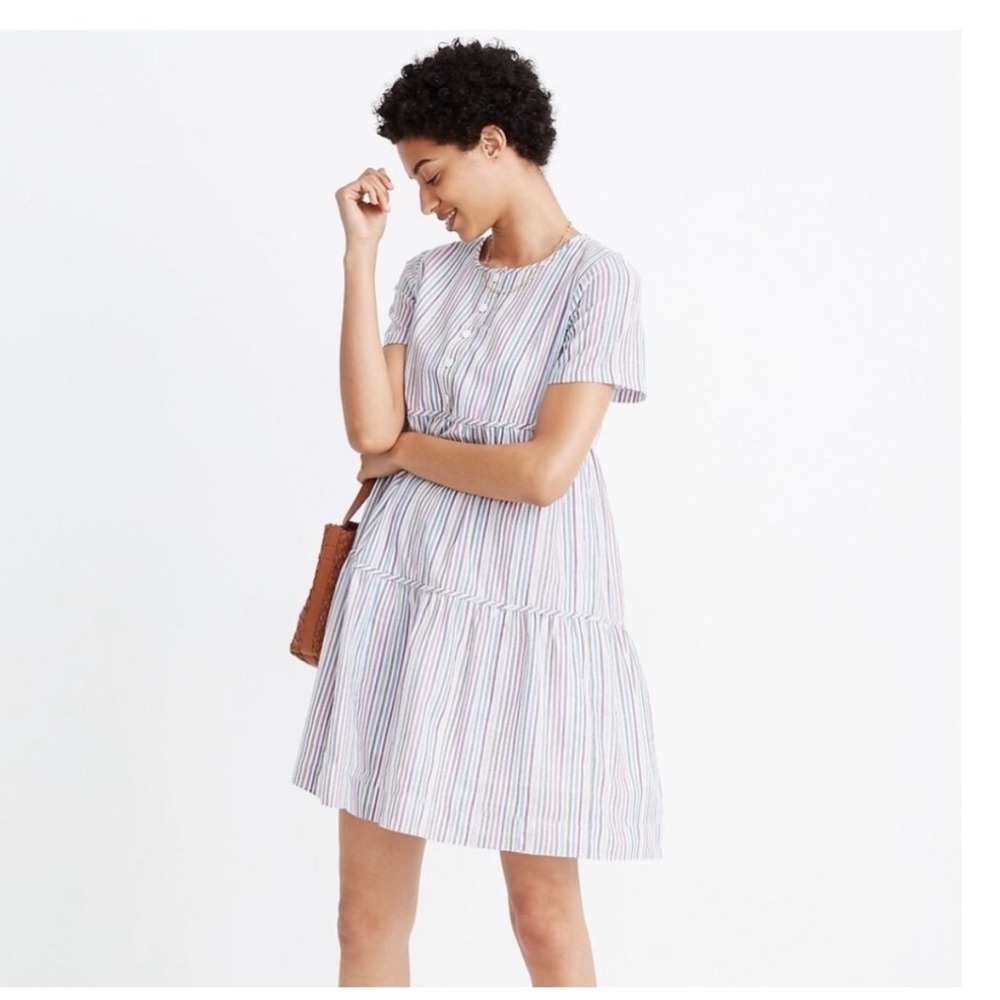 Madewell Tiered Button Front Mini Dress Multi‎ Color Stripe Cotton A0242 XL NEW